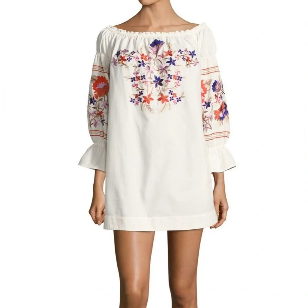 Free‎ People Fleur Du Jour Cotton Shift Dress XS Ivory embroidery XS